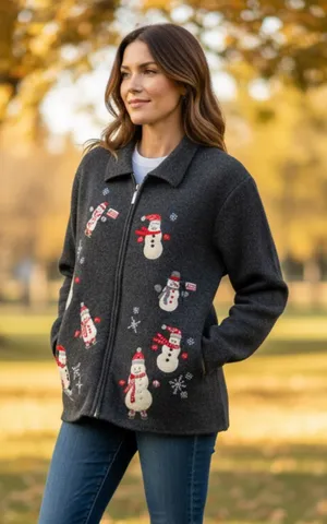 Studio Works Women's Gray 100% Wool Snowman X-Mas Embroidered Zip Up ‎ sweater L thumbnail 1