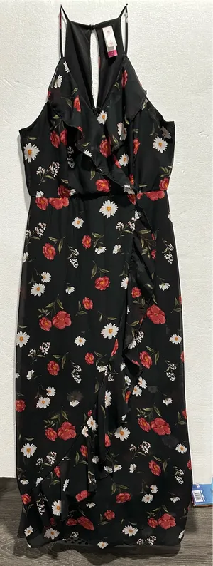 BISOU BISOU M Black Red Floral Sleeveless Maxi Dress V-Neck Ruffle Straps thumbnail 4