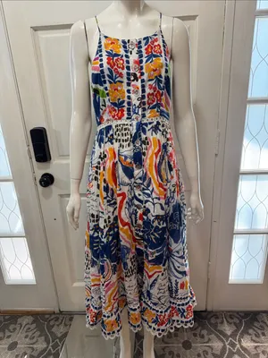 Farm Rio Cotton Floral Print Maxi Dress Eyelet Midi Fit Flare Dress Size XSmall thumbnail 3