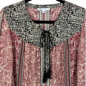 DR2 Women's Tunic Top Size Medium‎ Pink Black Paisley Boho Tassel V-Neck thumbnail 5