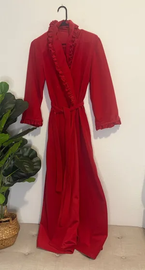 Vintage Red Ruffle-Trim Long Robe - Women Intimates & Sleepwear thumbnail 1