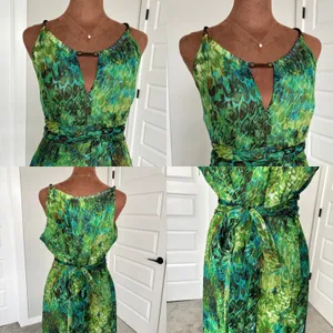 90s Vintage Sheri Martin‎ New York Green Tropical Print Chiffon Maxi Dress 10 thumbnail 7