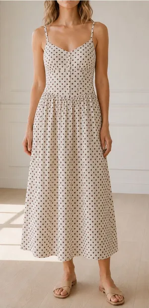 Dizzy Lizzy Polka Dot Smocked Midi Dress Small Cream Brown Cotton Cottagecore thumbnail 1