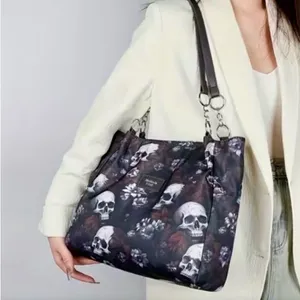 Gothic Edgy Black Skull & Red Floral Tote with Dual Straps thumbnail 2