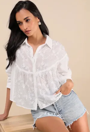 Lulus White 3D Floral Appliqué Embroidered Button Down  thumbnail 1