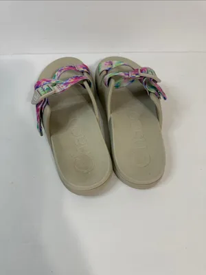 Chaco Neutral Footbed Slide Sandals with Pink, Green & Blue Tie-Dye Straps thumbnail 4