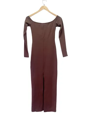NWT Bumpsuit Sculpting Rib Off Shoulder Maternity Dress XS Brown Bodycon Midi thumbnail 3