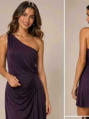 Max And Cleo One‎ Shoulder Dress Eggplant Size 6 Ruched Side thumbnail 2