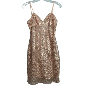 Guess Los Angeles Rose‎ Gold Sequin Geometric Bodycon Mini Dress Small V-Neck thumbnail 9
