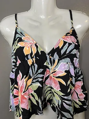 Billabong Tank Top Womens Medium Black Tropical Floral V Neck Strappy Cami thumbnail 1