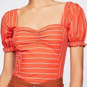 Free People Women's Orange Striped Puff Sleeve Crop Top Blouse Size XS thumbnail 2