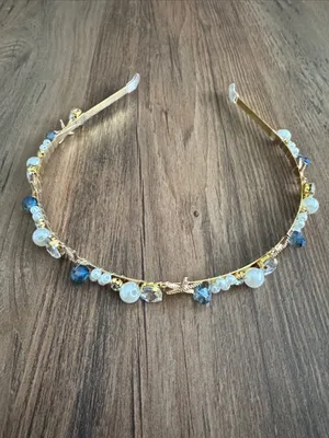 Gold Shell & Pearl Headband with Blue Crystal Accents thumbnail 2
