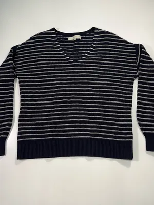 LOFT 100% Cotton Navy and White Striped V-Neck Pullover thumbnail 2