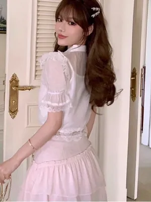 Japanese Kawaii White Lace Ruffle Elegant Lace Blouse Crop Top thumbnail 4