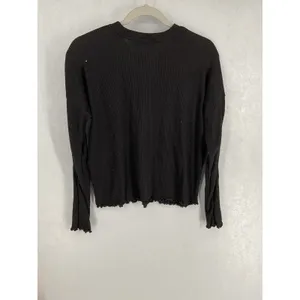 Aqua Lounge Womens Ribbed Long Sleeve Lettuce Edge Top Black S thumbnail 3