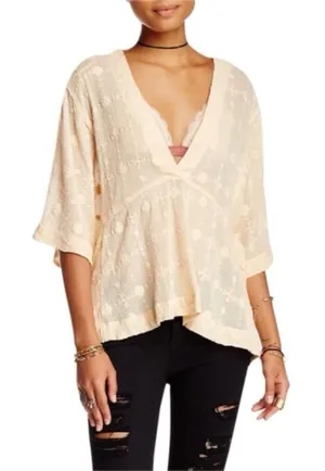 Free People Amber Skies Embroidered Floral Peach Cream Oversized Top Sheer M thumbnail 1