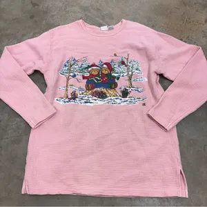 Chic Vintage Christmas Bear Womens Medium Pink Ugly Christmas Sweater 80s 90s thumbnail 1
