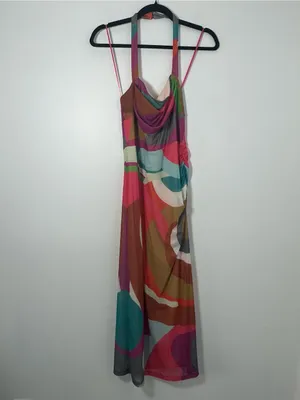 Anthropologie Women’s Abstract Multicolor Mesh Cowl Neck Midi Bodycon Dress S thumbnail 3