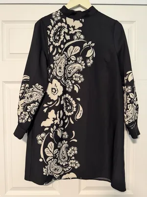 Zara Black Floral Paisley High Neck Minimalist Dress Bohemian Summer Gold Button thumbnail 1