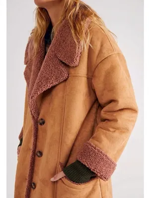 Free People Western Bohemian Retro 70s Faux Sherpa Suede Diogo Coat Size Large thumbnail 4