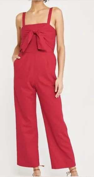 Abercrombie & Fitch Tie Front Red Jumpsuit Smocked Back Wide Leg thumbnail 1