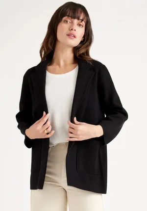 Quince 100% Organic Cotton Black Soft Relaxed Open Front Knit Blazer Medium thumbnail 1