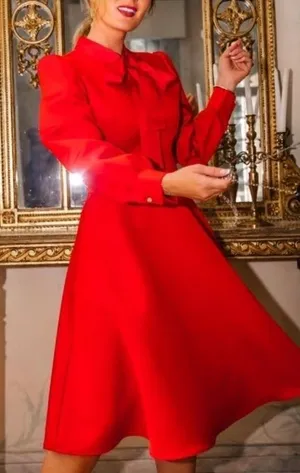 Ivy City Co. Pippa Long Sleeve Tie Bow Neck Knee Length Dress Satin Red XXS NEW thumbnail 1