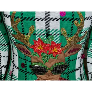 Celebrate together ugly christmas sweater reindeer rudolph plaid red green pink thumbnail 4
