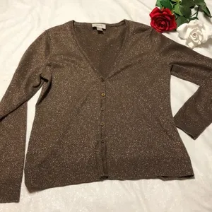 LOFT Brown Glitter Cardigan M thumbnail 1