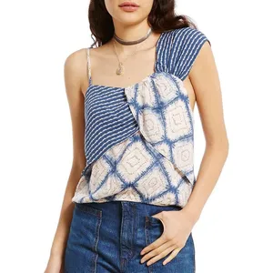 Free People Call On Me Blue Stripe Argyle Sleeveless Tank Blouse Crop Top Size S thumbnail 5