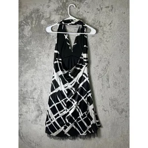 Vintage‎ Y2K Indie Sleaze Halter Midi Dress Black White Abstract Mesh Hem Medium thumbnail 3