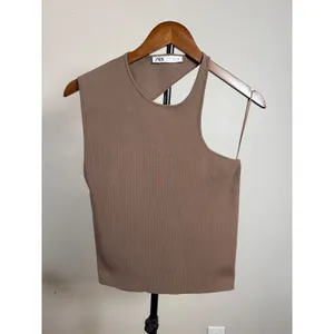 Zara Womens Asymmetric Cutout Ribbed Knit Top Taupe Brown Large thumbnail 2