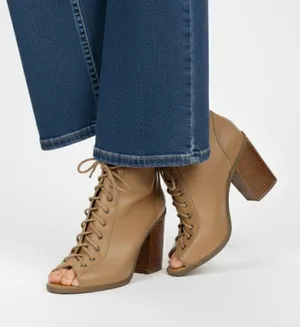 Soda Beige Lace Up Peep Toe Bootie Tan Ankle Tie Front Ankle Boots Size 7.5 thumbnail 1