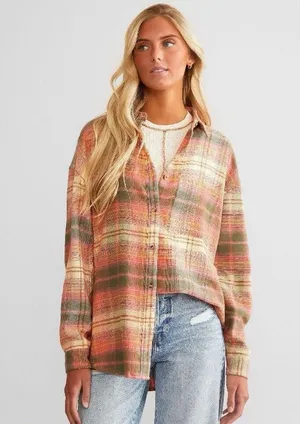 American Eagle Green Orange Plaid Fleece Flannel Oversized Button-down Shirt XS thumbnail 1