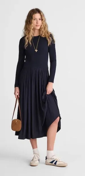 Madewell Ribbed Scoopneck Midi Dress A Line Classic Navy Blue Minimalist L NWT thumbnail 1