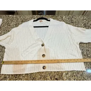 EBERJEY Ribbed Cropped Cardigan Sweater Ivory Heather Size XL thumbnail 10