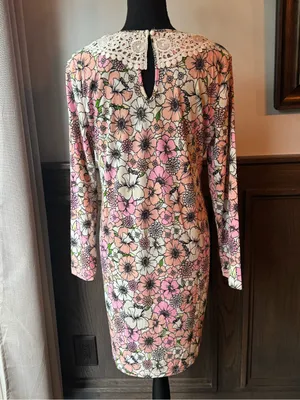 Alison Andrews Floral Long-Sleeve Shift Dress with Lace Collar in Pink and Cream large NWT thumbnail 4