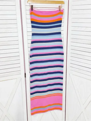 Vici Striped Knit Strapless Sheath Bodycon Midi Dress Pink Blue Size Medium thumbnail 8