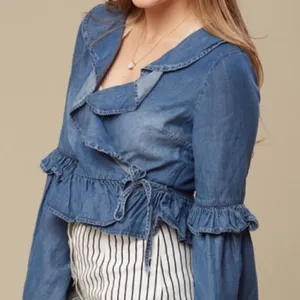Altar'd State Neenah Preppy Boho Chambray Ruffle Wrap Bell Long Sleeve S‎ thumbnail 1