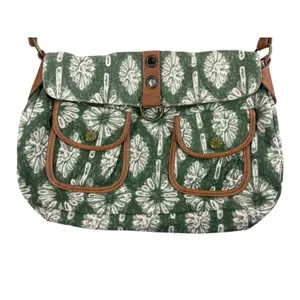 Y2K 90s The Sak Green Floral Canvas Shoulder Bag Brown Faux Leather Trim Purse thumbnail 2
