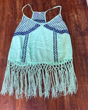 Alya Bright green and navy blue fringe detail Racerback style tank size small thumbnail 1