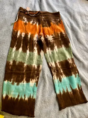 2DYE4 by Fettucini Tie Dye Sweatpants‎ XS Brown Orange Green Blue Wide Leg USA thumbnail 1