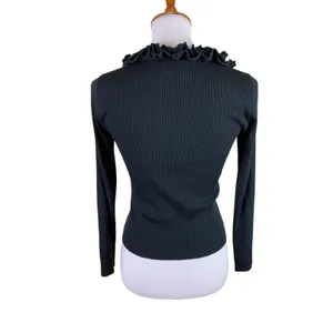 Nation LTD Medium Black Ribbed Ruffle Tie Front Long Sleeve Cardigan thumbnail 3