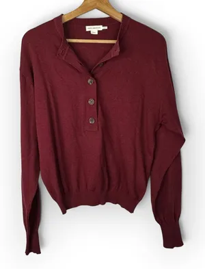 Good American Henley Sweater S/M Wine Red Ribbed Knit Quiet Luxury Pullover thumbnail 1