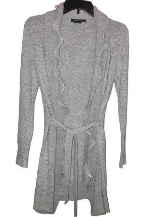 BCBGMaxAzria Wool Blend Open Front Tie Ruffle Zipper Cardigan‎ Grey Medium thumbnail 1