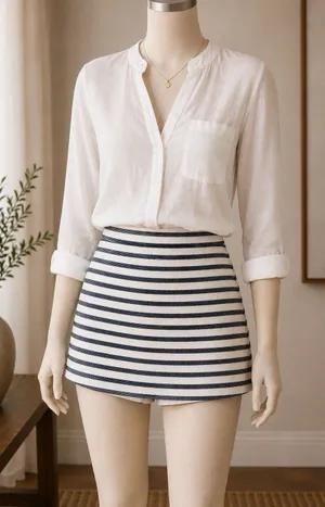 Zara Striped Cotton Blend Skort White Navy High Waist Shorts Skirt S thumbnail 1