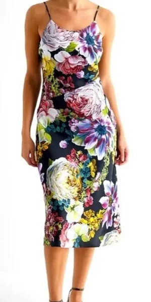 NWT Express Sz XS Cocktail Floral Satin Scoop Neck Downtown Cami Midi Slip Dress thumbnail 1