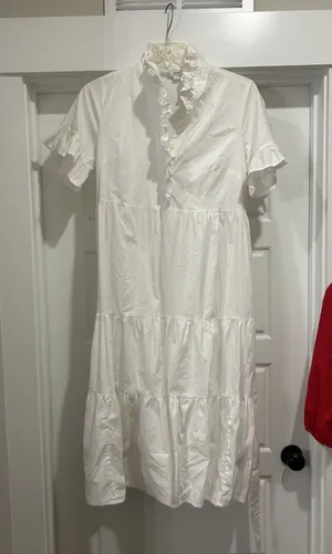 Crown & Ivy White Cotton Tiered Ruffle Midi Dress sz Large Modest Teacher Church thumbnail 1