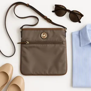 Michael Kors Jet Set Brown Nylon Leather Trim Crossbody Travel Bag 8.5x8 in GUC thumbnail 12