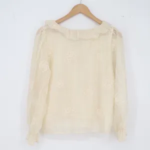 Xin Ke Yuan Blouse Womens L Cream Floral Embroidered Ruffle Tie Sheer Excellent thumbnail 4